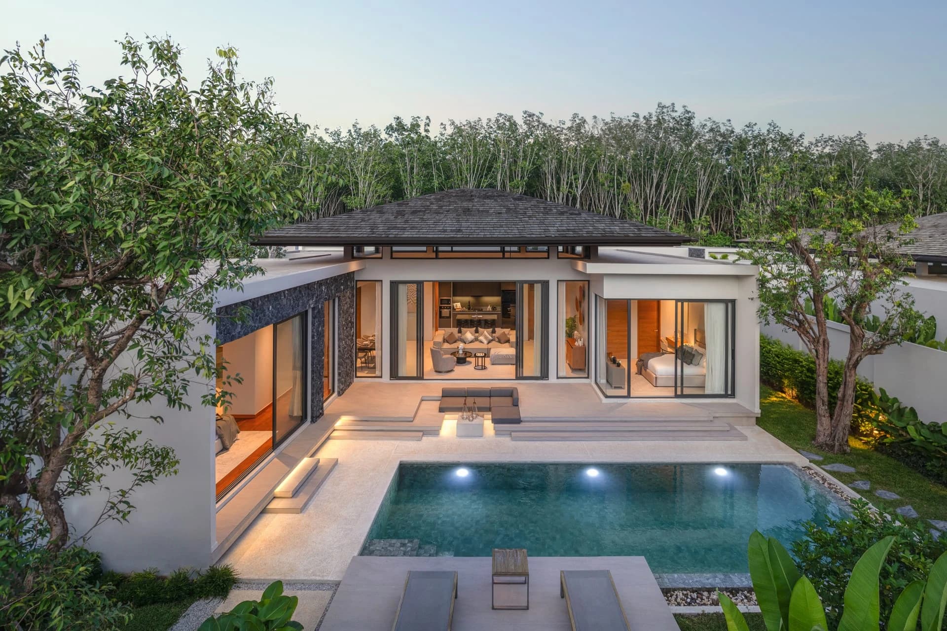 Autumn villa courtyard at evening